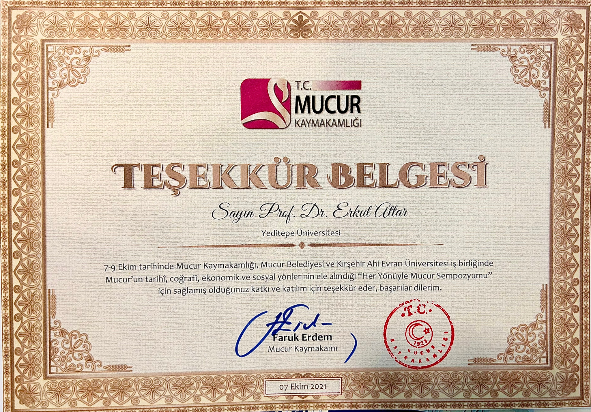 Teşekkür Belgesi